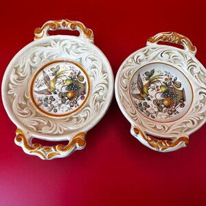 TWO HANDLED CERAMIC LITTLE MAJORKA DISH PLUS BOWL SET w/BIRD & FRUIT DESIGN